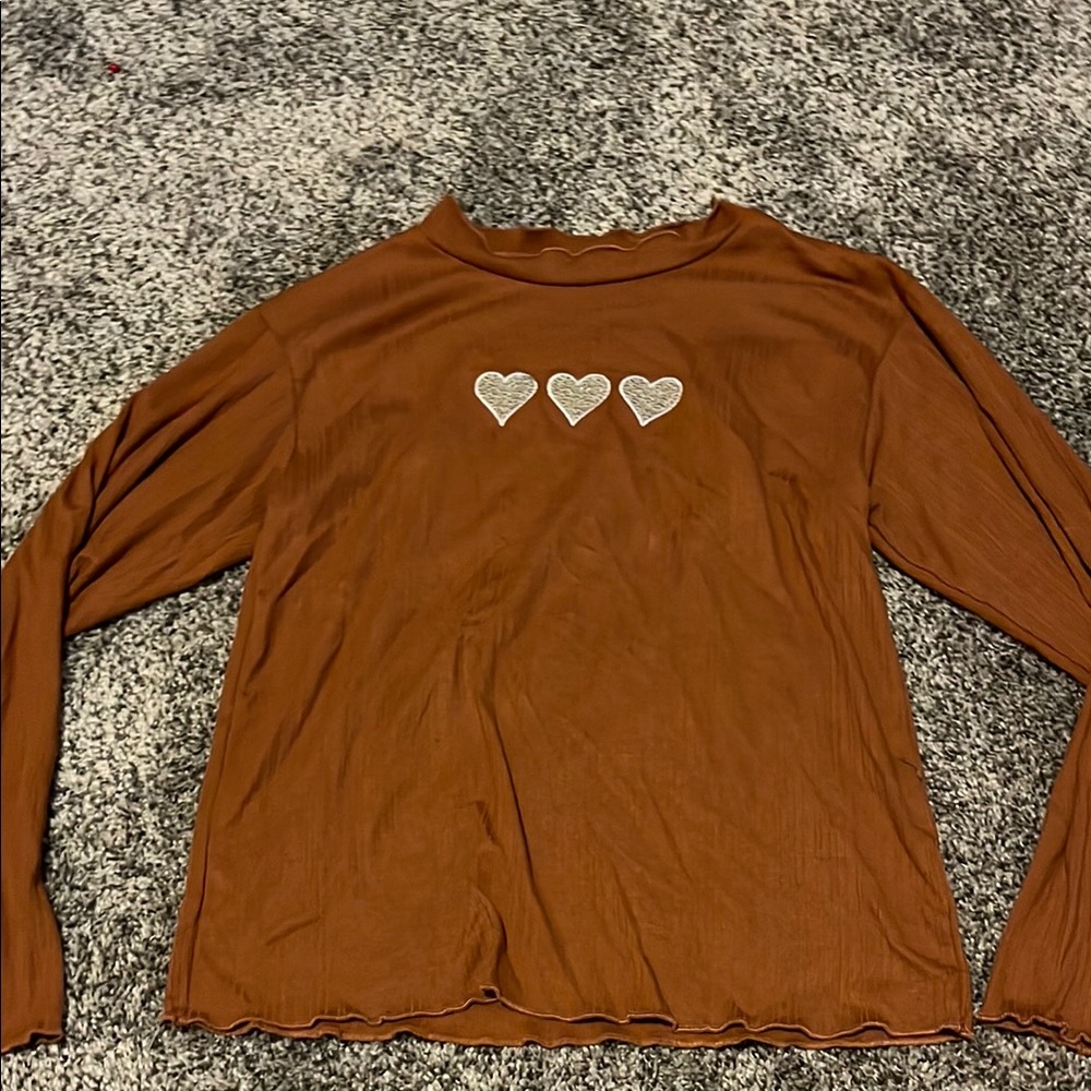Charming Brown Long Sleeve Tee with Heart Details